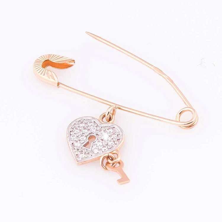 Золота шпилька "Серце і ключик" з фіанітами зак00229 від ювелірного магазину Онікс