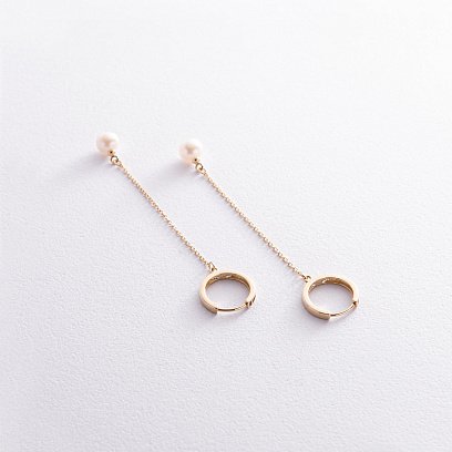 Сережки - кільця "Перлина на ланцюжку" у жовтому золоті с08356 №3