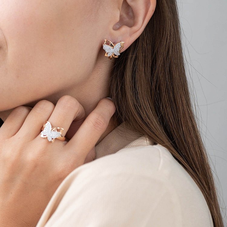 Золота каблучка "Метелик з фіанітами" к04859 - 1 Золота каблучка "Метелик з фіанітами" к04859 від ювелірного магазину Онікс - 1