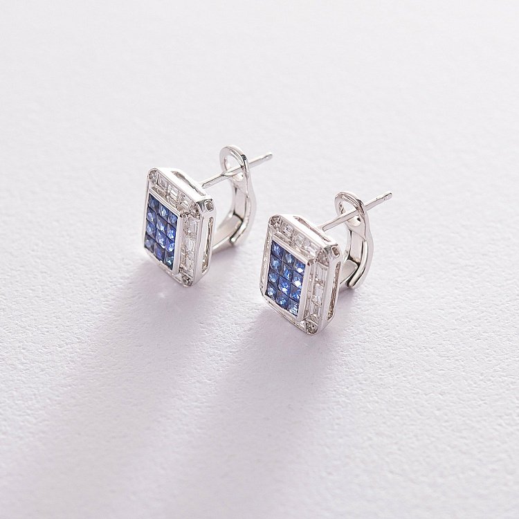 Золотые серьги с бриллиантами и сапфирами на итальянской застежке сб0316di от ювелирного магазина Оникс