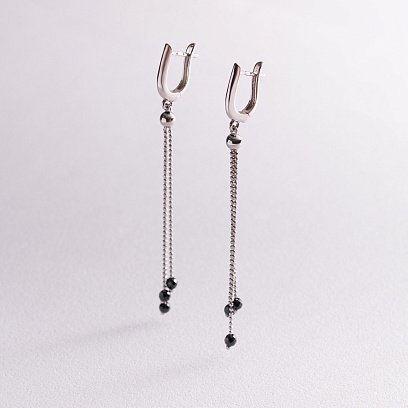 Срібні висячі сережки з чорними каменями 123153