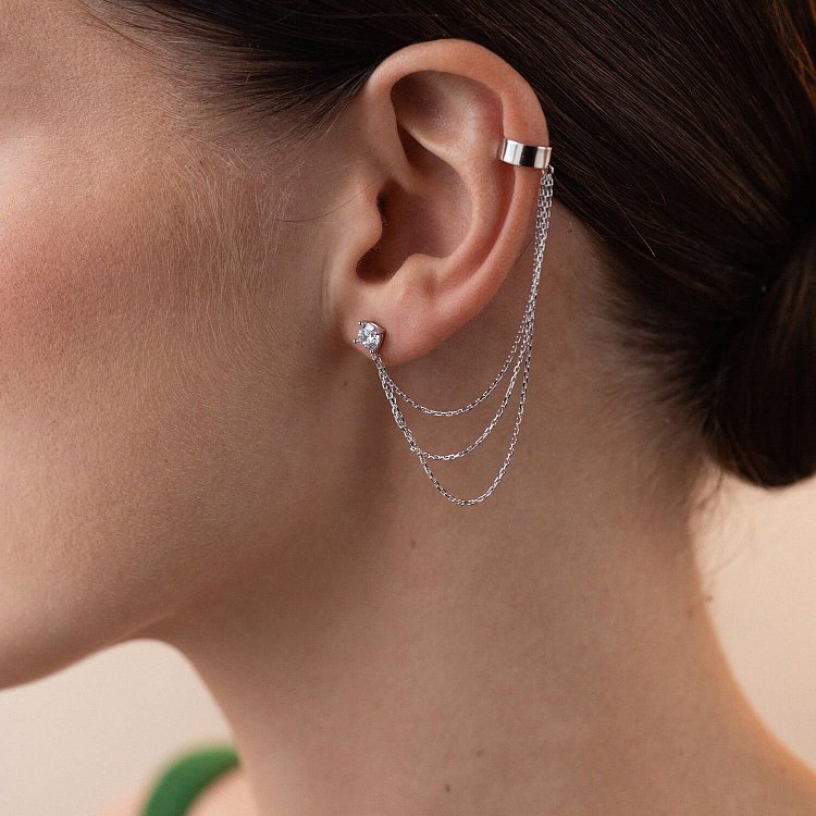 Сережка - каффа "Трініті" в білому золоті з ланцюжками (фіаніт) с08020 від ювелірного магазину Онікс - 6