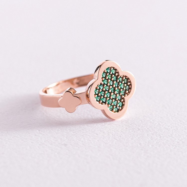 Каблучка "Конюшина" в червоному золоті (фіаніти) к06918 від ювелірного магазину Онікс