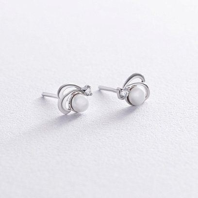 Серебряные серьги-гвоздики (культ. пресн. жемчуг, фианит) 12645 №3