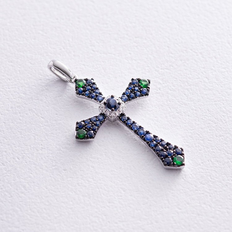 Золотий хрестик (сапфір, діамант, уваровит) пб0129gm від ювелірного магазину Онікс