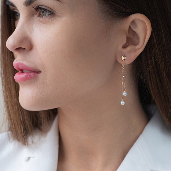 Золотые серьги Жемчуг на цепочке с07257 №2