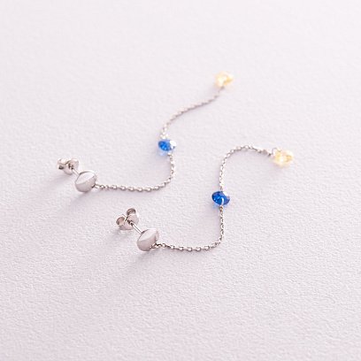 Висячі золоті сережки - пусети "Українка" (блакитні та жовті фіаніти) с08101 №3