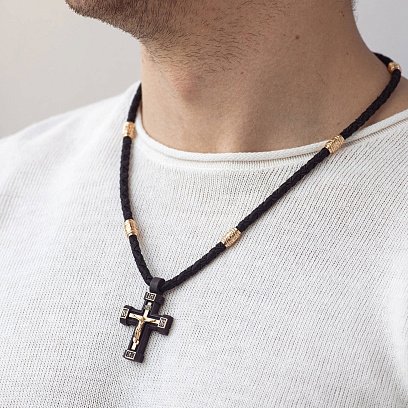 Мужской православный крест "Распятие. Спаси и Сохрани" на шнуре из эбенового дерева и золота кол02523 №2