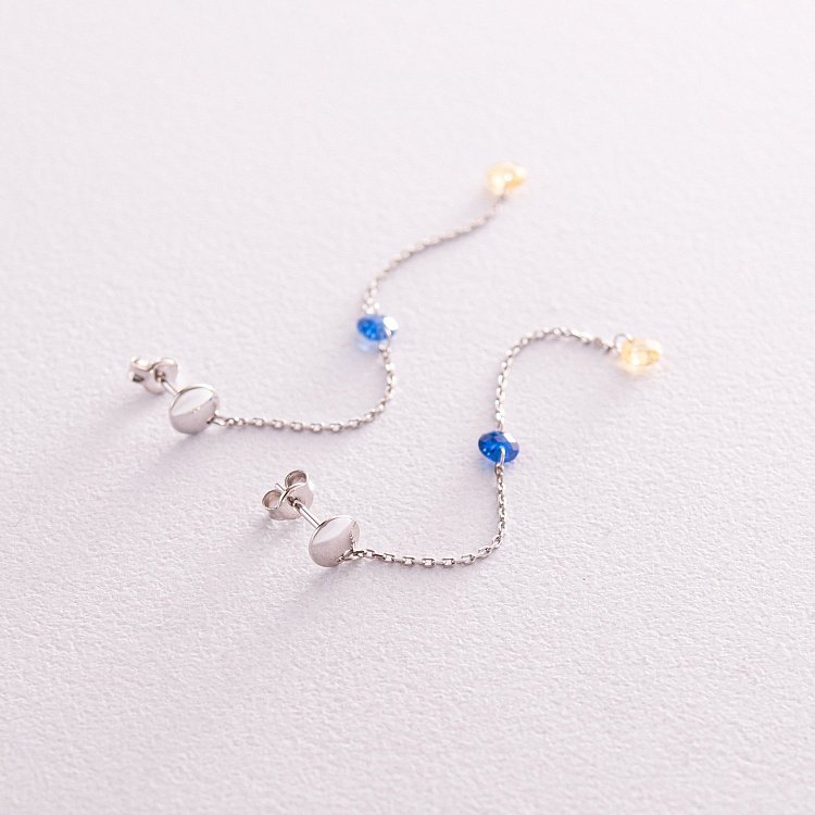 Висячі золоті сережки - пусети "Українка" (блакитні та жовті фіаніти) с08101 від ювелірного магазину Онікс - 2