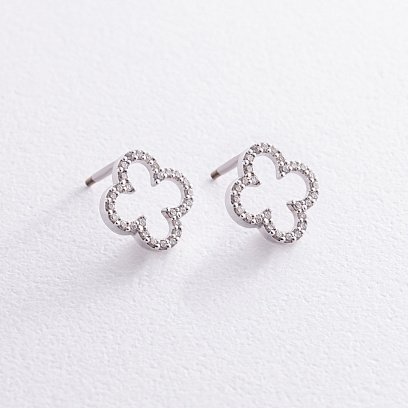 Золотые серьги - пусеты "Клевер" с фианитами с08284