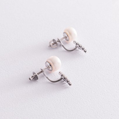 Серебряные серьги - пусеты 2 в 1 (жемчуг, фианиты) 2460/1р-PWT №4