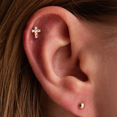 Одиночная золотая серьга для хеликса "Крестик" (фианиты) 1719ч №2