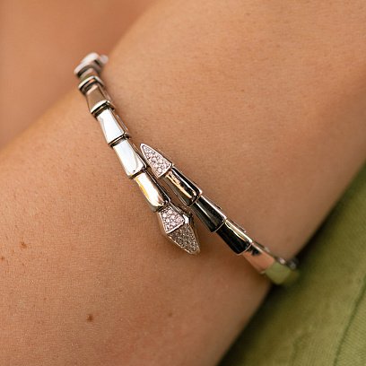 Жорсткий браслет "Змія" у білому золоті (фіаніти) б05218 №9