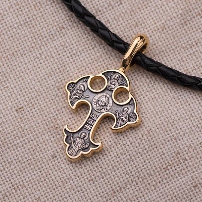 Срібний православний хрестик з позолотою "Спас Нерукотворний. Прп. Петро і Февронія Муромське. Свт. Микола Мирлікійський" 131390 №4