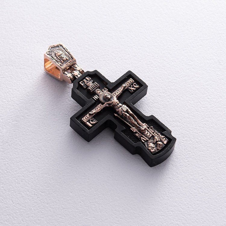 Золотий хрест "Розп'яття. Пресвята Богородиця" з ебеновим деревом 632зч від ювелірного магазину Онікс