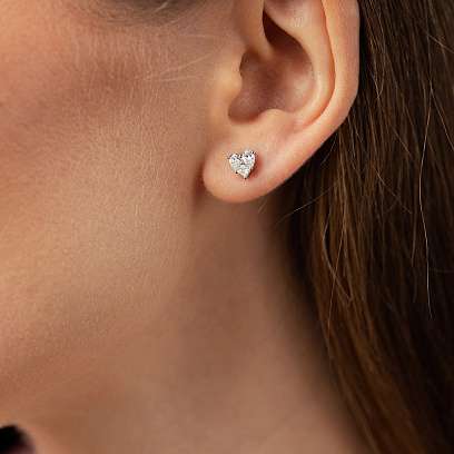 Серьги - пусеты "Сердечки" в белом золоте (бриллианты) сб0696va №2