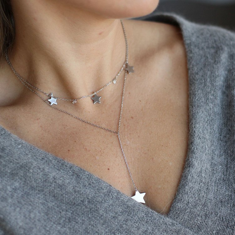 Двойное серебряное колье "Звездочки" с фианитами 18945 от ювелирного магазина Оникс - 3