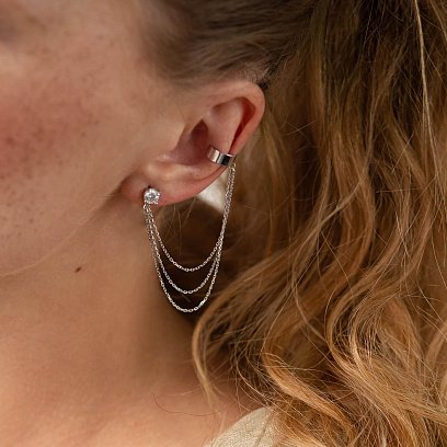 Серьга - каффа "Тринити" в белом золоте с цепочками (фианит) с08020 №9