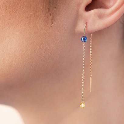 Золоті сережки - протяжки "Українка" (блакитні та жовті фіаніти) с08391 №4