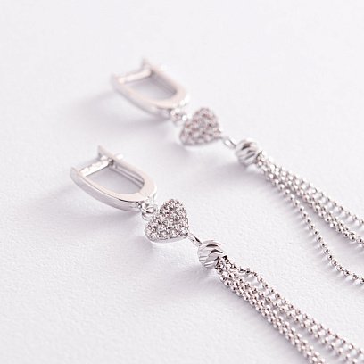 Золотые серьги "Сердечки" с цепочками (фианиты) с07820 №3