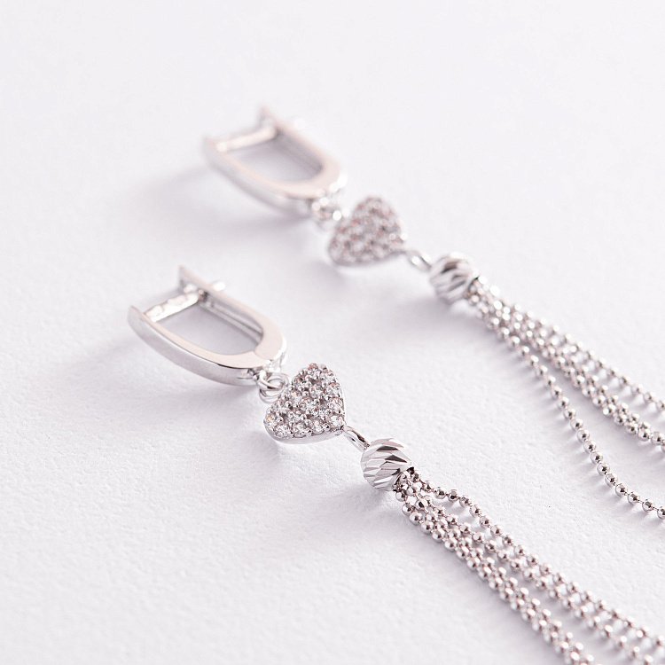 Золотые серьги "Сердечки" с цепочками (фианиты) с07820 от ювелирного магазина Оникс - 2