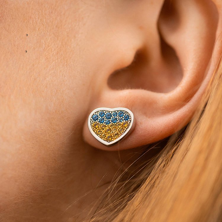 Серебряные серьги - пусеты "Сердечки" (голубые и желтые камни) 912с от ювелирного магазина Оникс - 3