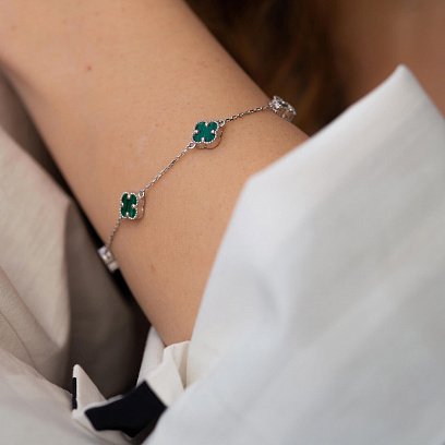 Браслет "Клевер" с малахитом mini (белое золото) б05250 №2