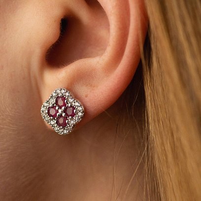 Серебряные серьги - пусеты "Клевер" (фианиты, рубины) GS-02-135-4410 №4