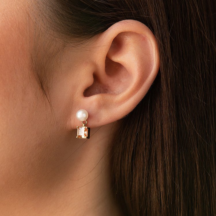 Золотые серьги - пусеты "Альма" (оранжевые фианиты, жемчуг) с08259 от ювелирного магазина Оникс - 3