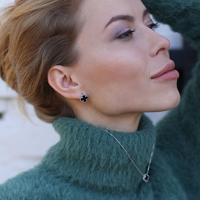 Срібні сережки "Конюшина" з оніксом 122003 №5