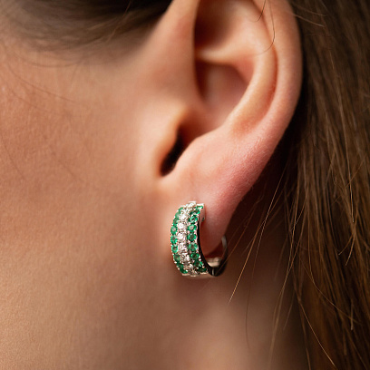 Золотые серьги - кольца с изумрудами и бриллиантами сб0582cha №2