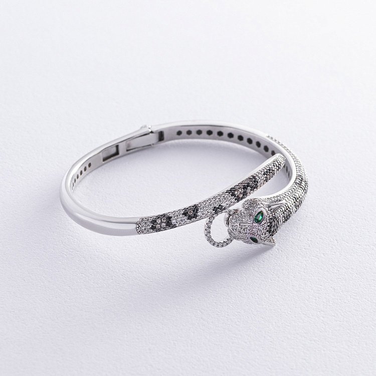 Жорсткий срібний браслет "Пантера" з фіанітами 386б від ювелірного магазину Онікс