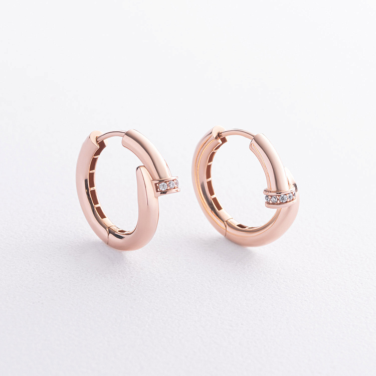 Серьги - кольца "Гвоздь" в красном золоте (фианиты) с09523 от ювелирного магазина Оникс