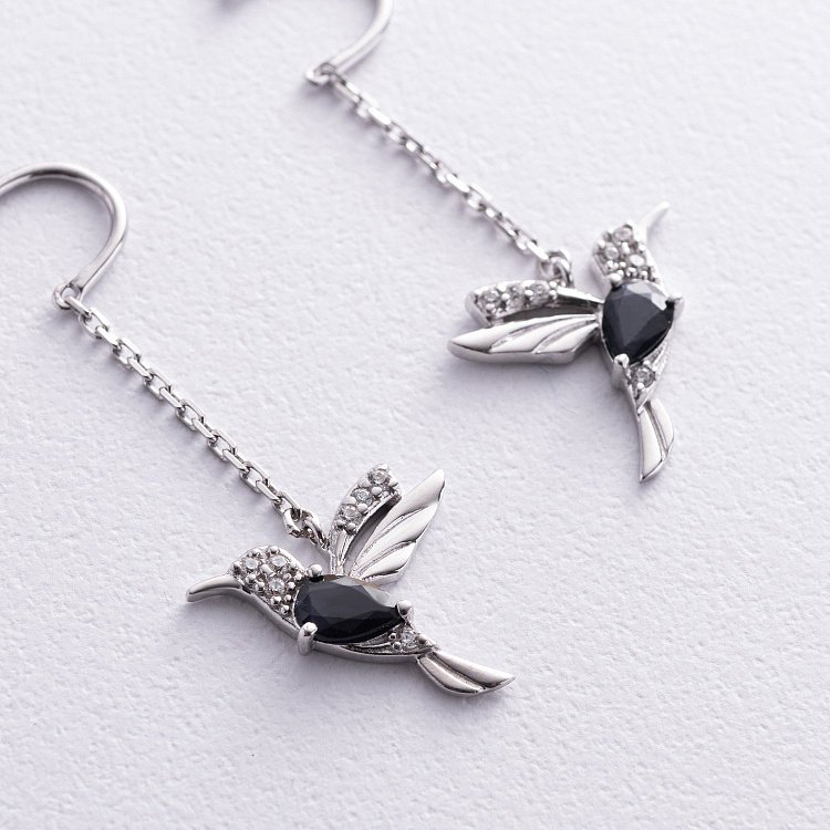 Срібні сережки - протяжки "Колібрі" (фіаніти, сапфіри) GS-02-189-3110 від ювелірного магазину Онікс - 1