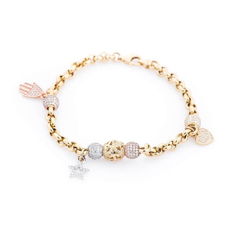 Золотой браслет с подвесками с фианитами б02372 от ювелирного магазина Оникс