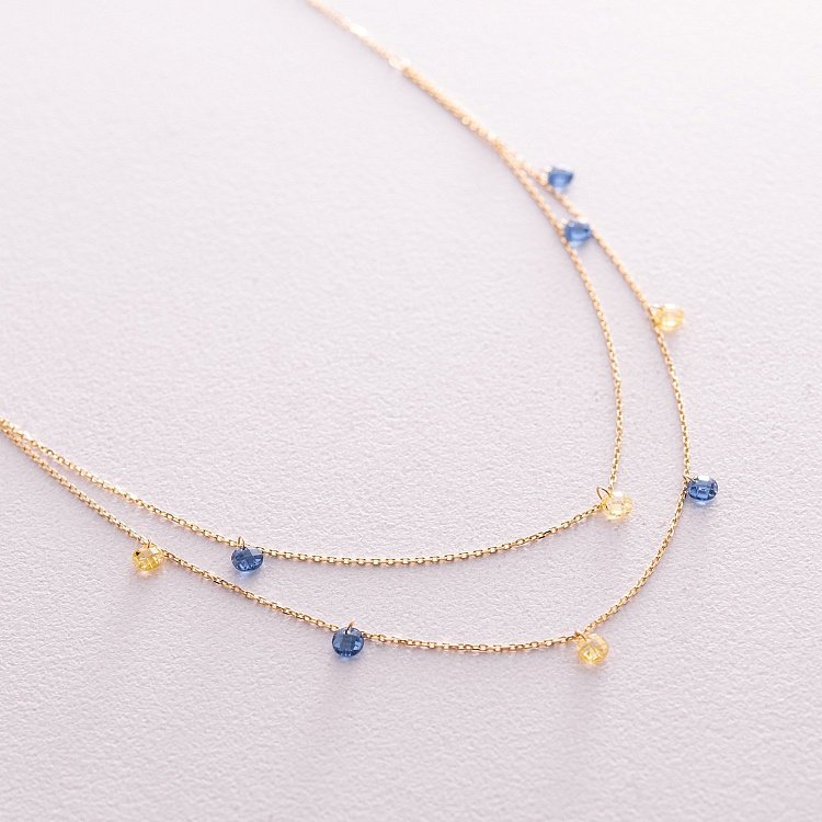 Двойное золотое колье "Украинка" (синие и желтые фианиты) кол02324 от ювелирного магазина Оникс