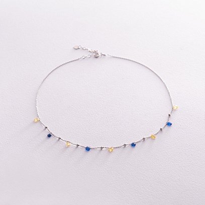 Золоте кольє "Незалежна" з кульками (сині та жовті фіаніти) кол02337
