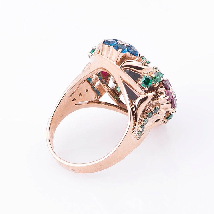 Золота каблучка з гранатом і кольоровими фіанітами 14032088 - 2 Золота каблучка з гранатом і кольоровими фіанітами 14032088 від ювелірного магазину Онікс - 2