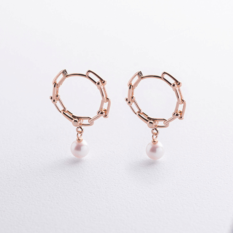 Серьги - кольца "Фантазия" с жемчугом (красное золото) mini с09627 от ювелирного магазина Оникс