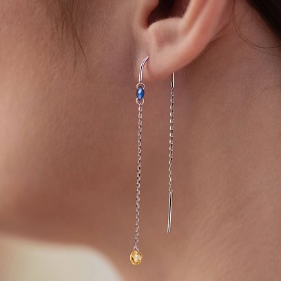 Золоті сережки - протяжки "Українка" (блакитні та жовті фіаніти) с08390 №6