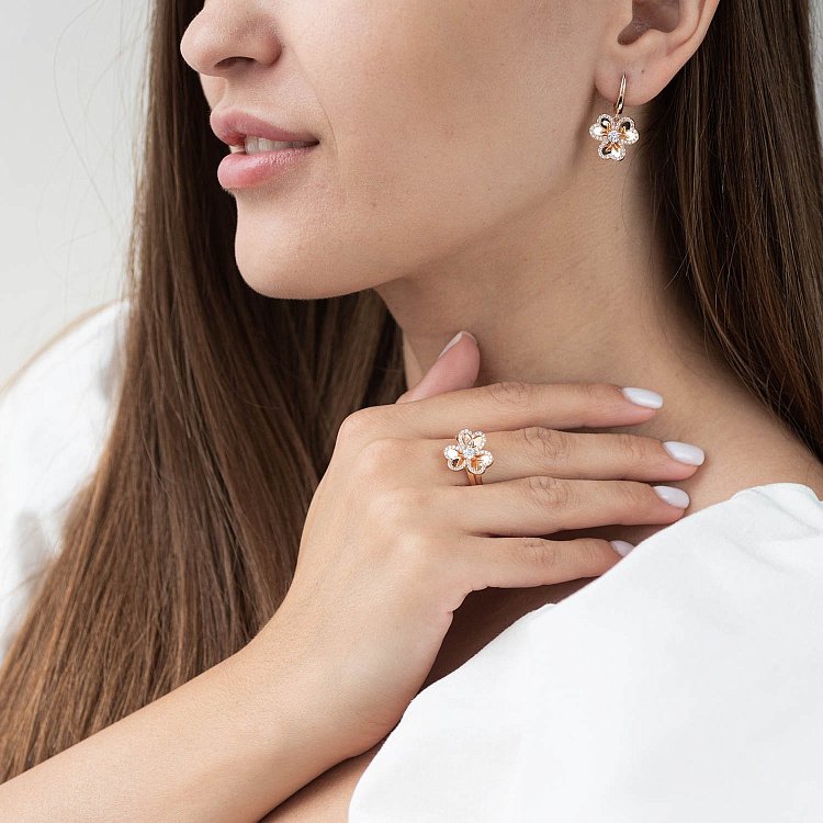 Золотые серьги "Цветочки" (фианиты) с05720 от ювелирного магазина Оникс - 1