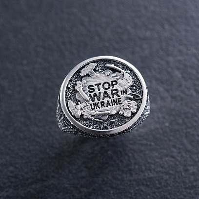 Мужская серебряная печатка "Stop war in Ukraine" 112723 №3