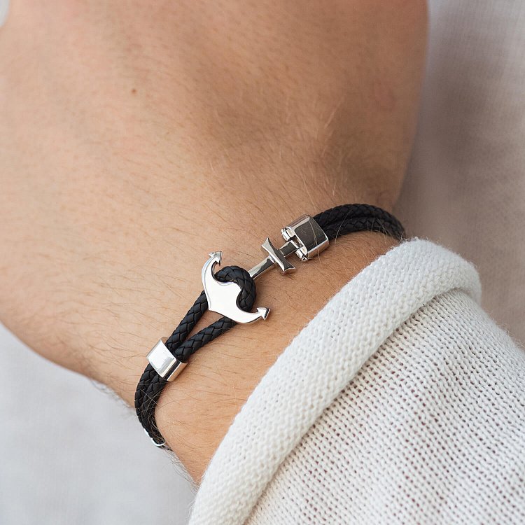 Кожаный браслет "Якорь" с золотой вставкой б02776 от ювелирного магазина Оникс - 1