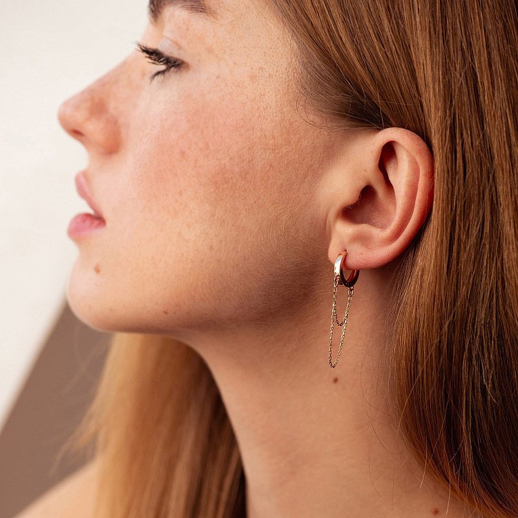 Золоті сережки - кільця з ланцюжками с08958 від ювелірного магазину Онікс - 1