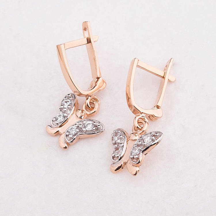 Золоті сережки "Метелики" з фіанітами с03685 від ювелірного магазину Онікс - 2