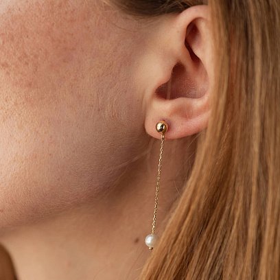 Серьги - пусеты "Жемчужина на цепочке" в желтом золоте с08360 №2