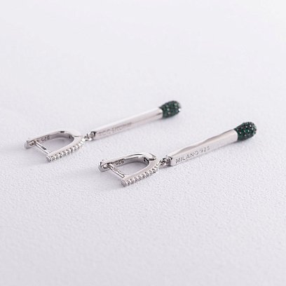 Срібні сережки "Сірники" (зелені фіаніти) 122930 №4