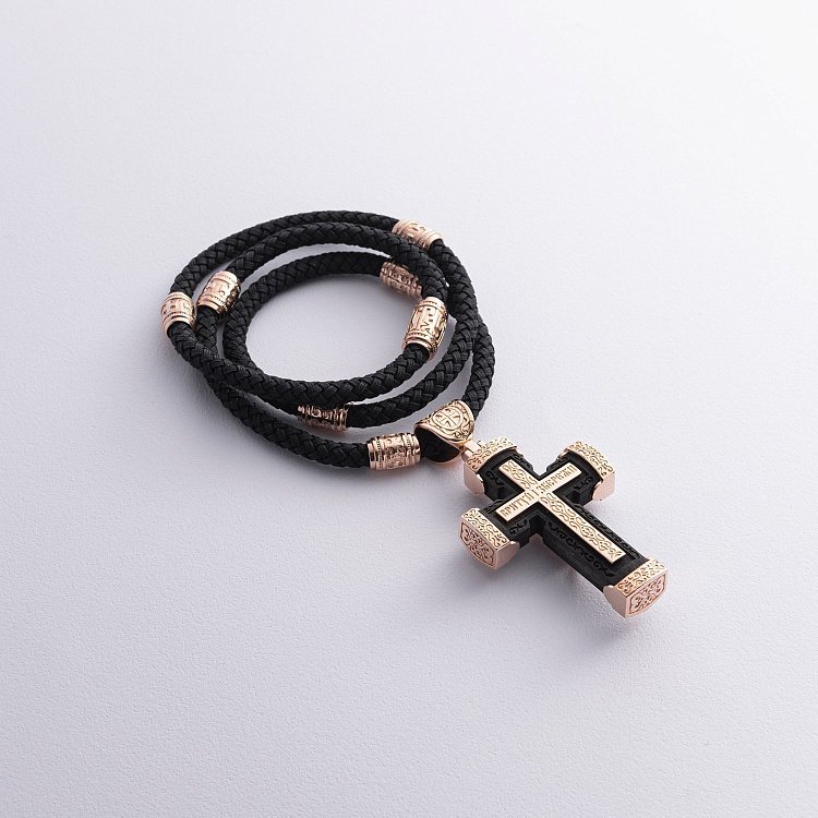 Чоловічий православний хрест з ебенового дерева та золота "Розп'яття. Спаси та Збережи" (на шнурку) кол02244 від ювелірного магазину Онікс - 9