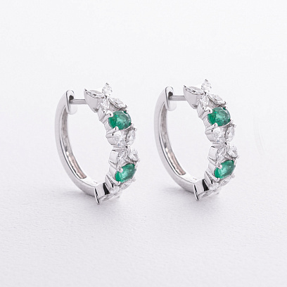 Серьги - кольца "Клевер" в белом золоте (бриллианты, изумруды) сб0703ca