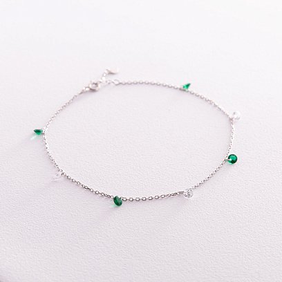 Браслет в серебре на ногу (зеленые и белые фианиты) 141625